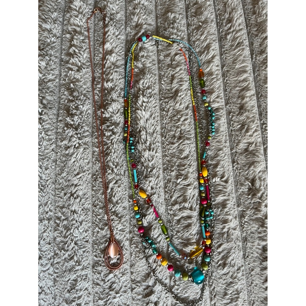 Boho Beaded Multi Strand Necklace & Rose Gold Teardrop Pendant Lot 2pc